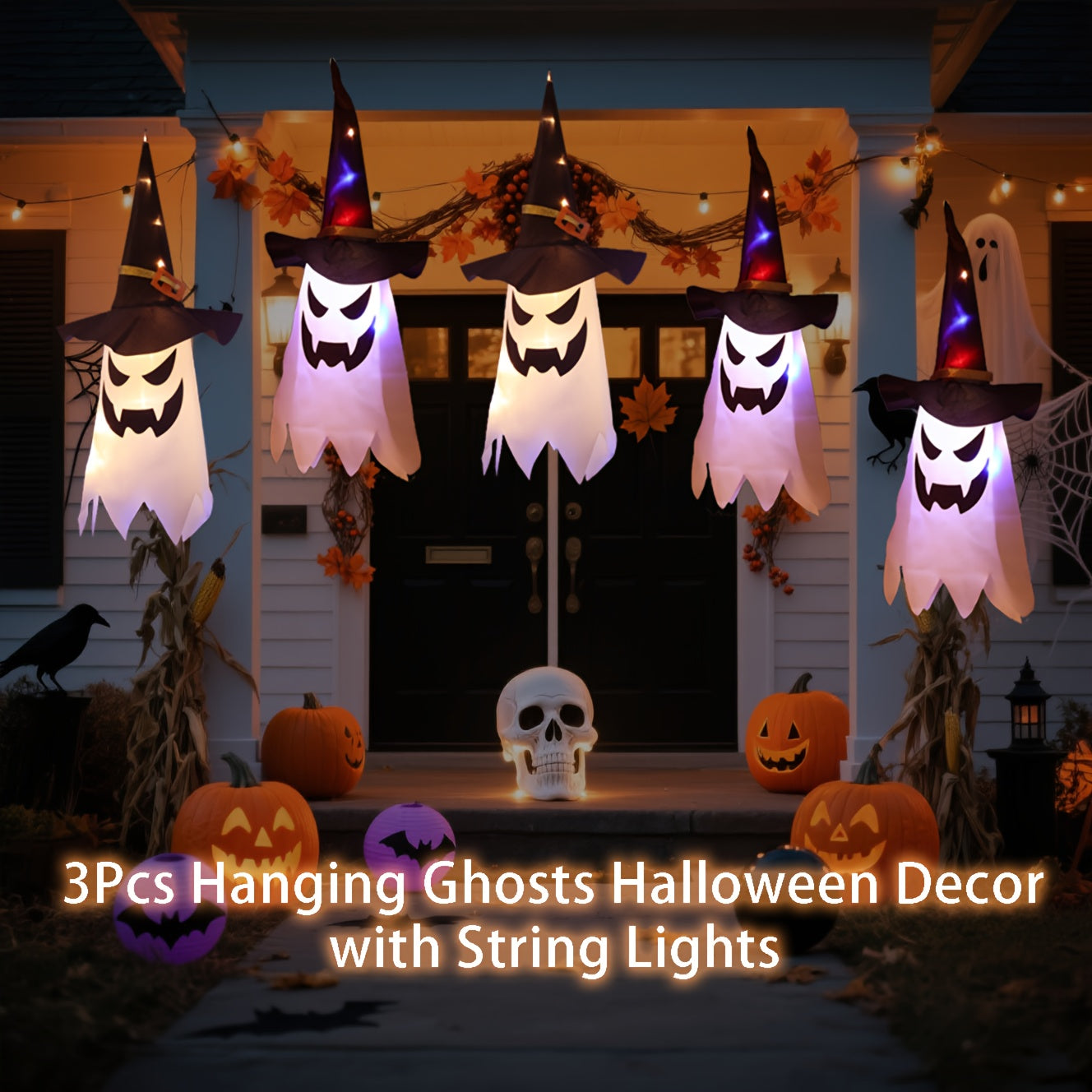 3pcs Glowing Spooky Halloween Hanging Ghosts LED Decor With Button Battery, IP44 Waterproof Outdoor