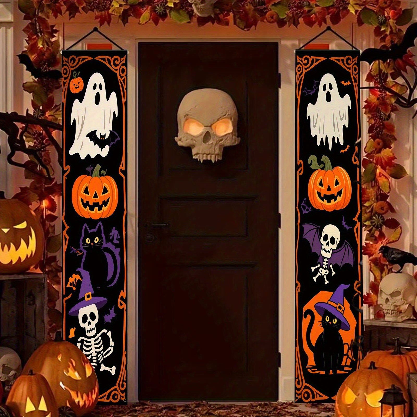 1 Pair Large Halloween Banner Garland 11.8x70.8 Inch Spooky Door & Wall Decor with Ghosts