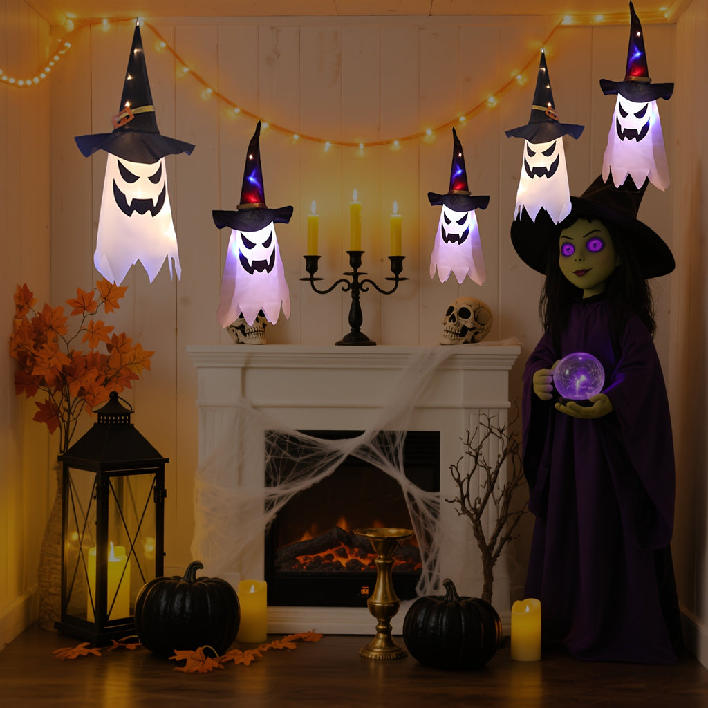 3pcs Glowing Spooky Halloween Hanging Ghosts LED Decor With Button Battery, IP44 Waterproof Outdoor
