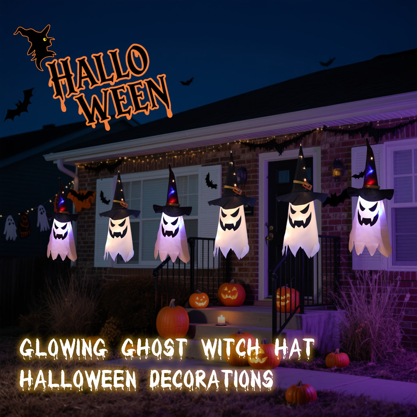 3pcs Glowing Spooky Halloween Hanging Ghosts LED Decor With Button Battery, IP44 Waterproof Outdoor