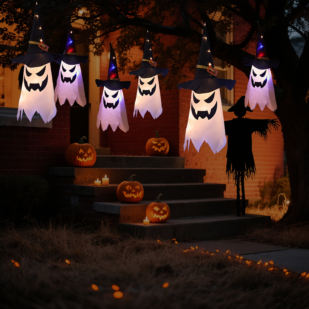 3pcs Glowing Spooky Halloween Hanging Ghosts LED Decor With Button Battery, IP44 Waterproof Outdoor