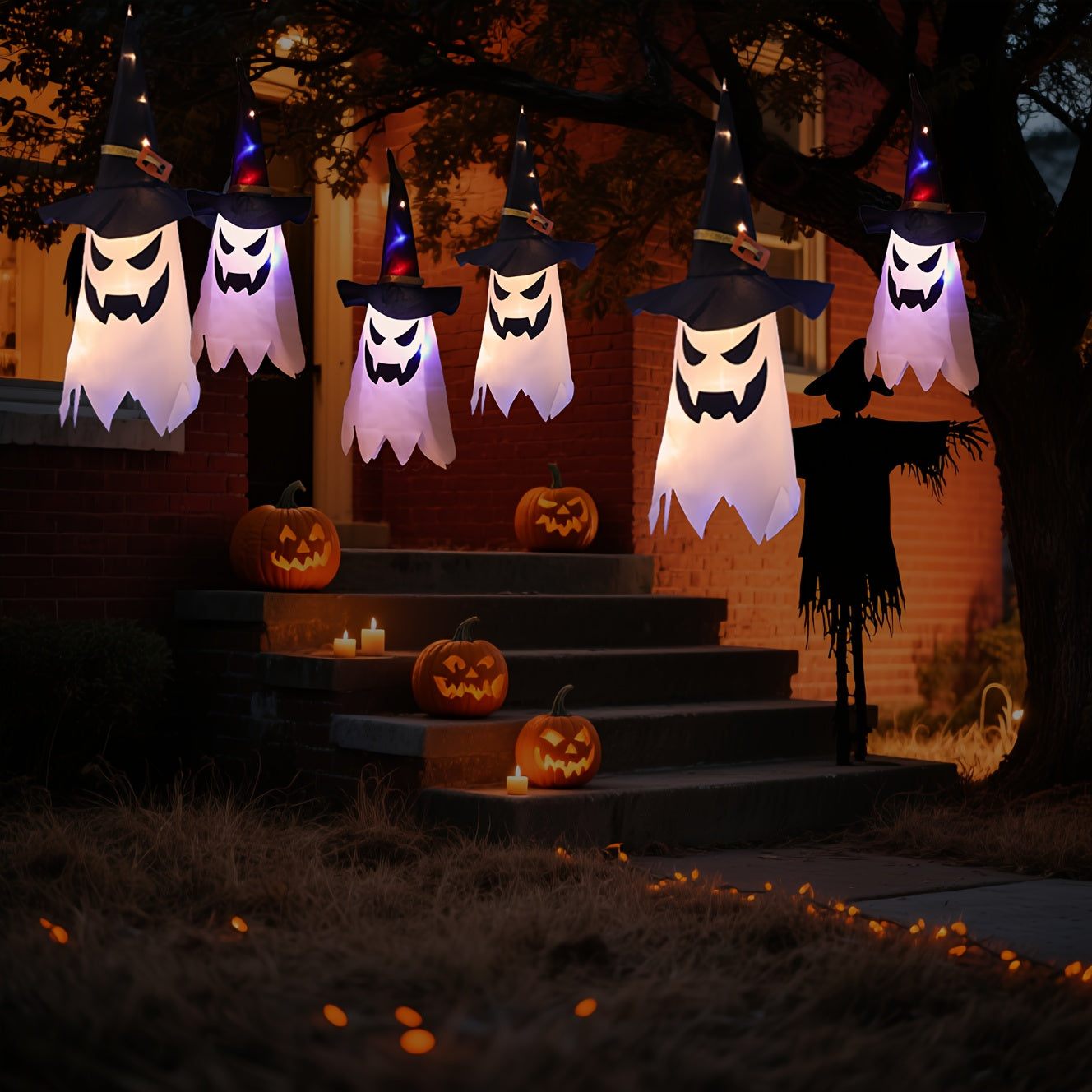 3pcs Glowing Spooky Halloween Hanging Ghosts LED Decor With Button Battery, IP44 Waterproof Outdoor
