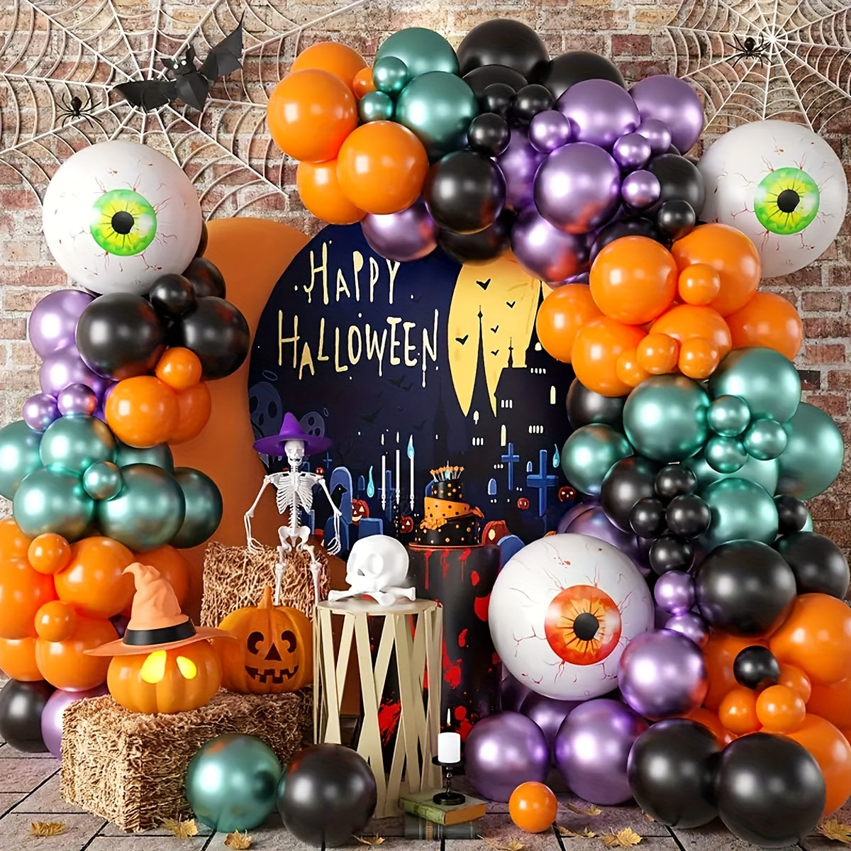 115pcs Halloween Foil Aluminum Balloon Black And Orange Wreath Set