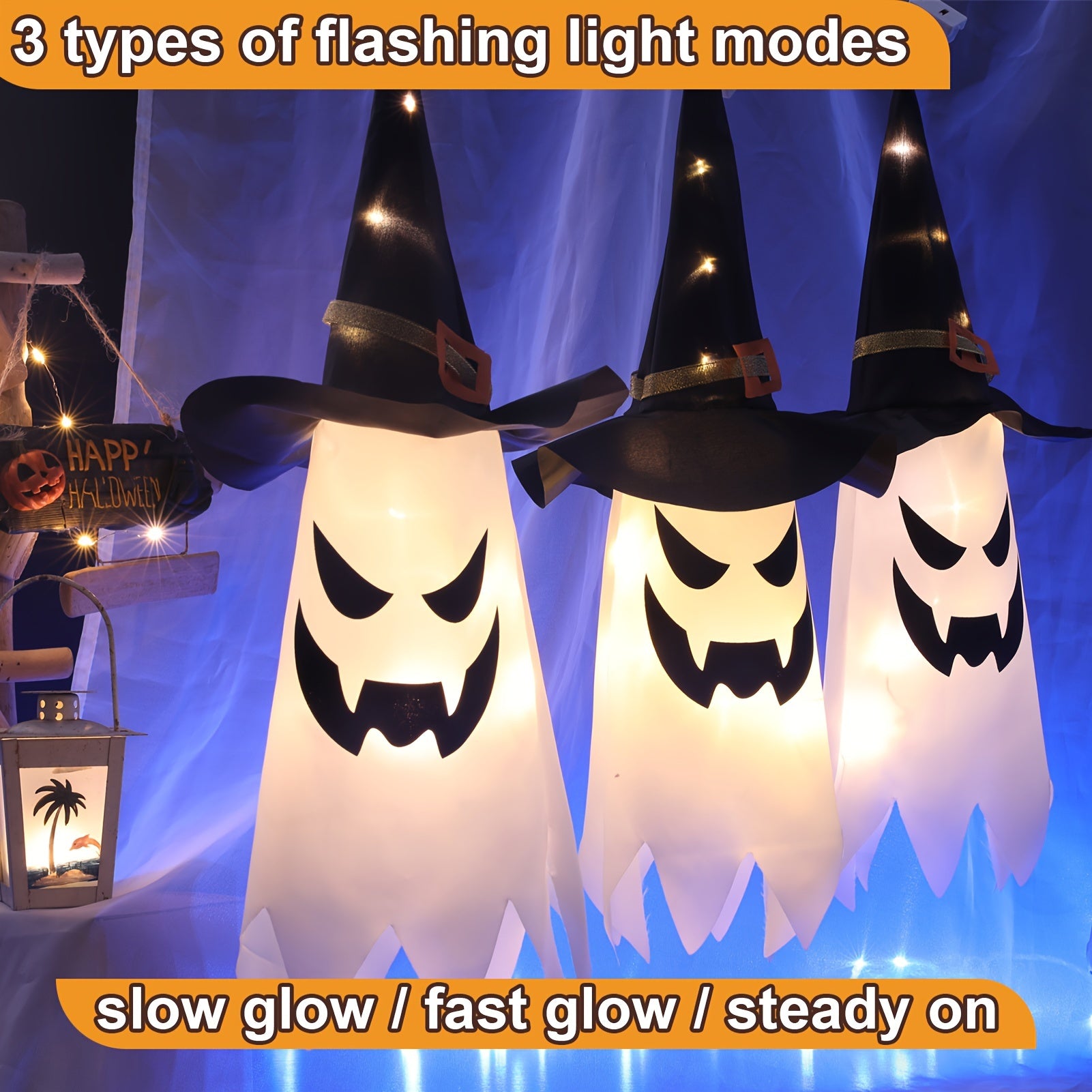 3pcs Glowing Spooky Halloween Hanging Ghosts LED Decor With Button Battery, IP44 Waterproof Outdoor