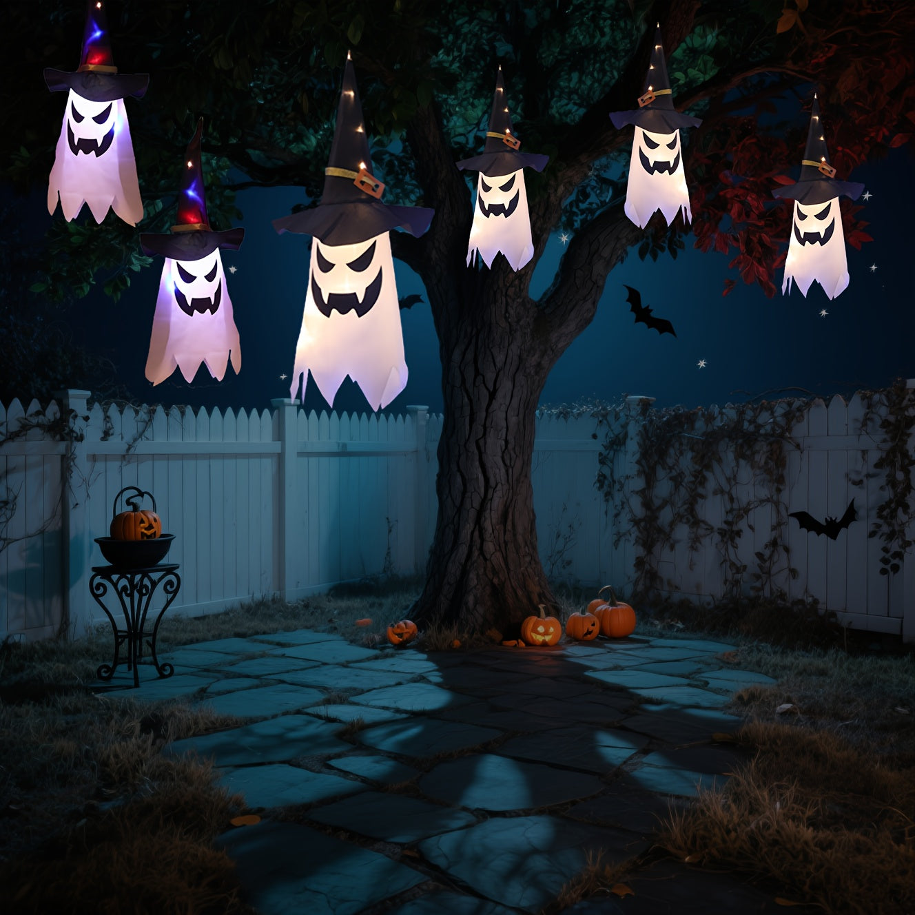 3pcs Glowing Spooky Halloween Hanging Ghosts LED Decor With Button Battery, IP44 Waterproof Outdoor