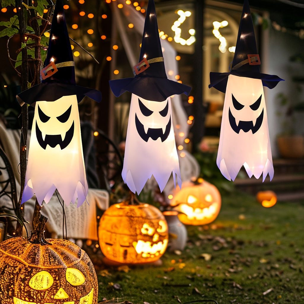 3pcs Glowing Spooky Halloween Hanging Ghosts LED Decor With Button Battery, IP44 Waterproof Outdoor