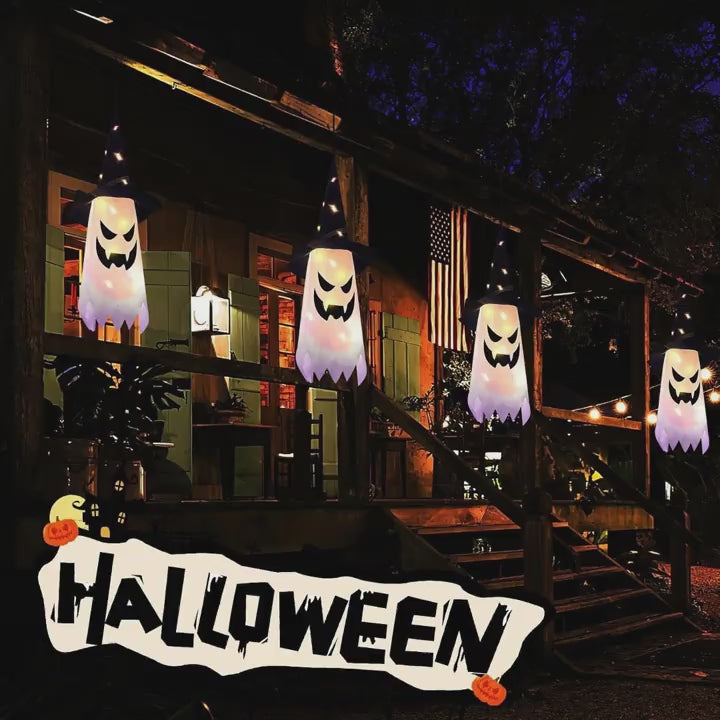 3pcs Glowing Spooky Halloween Hanging Ghosts LED Decor With Button Battery, IP44 Waterproof Outdoor